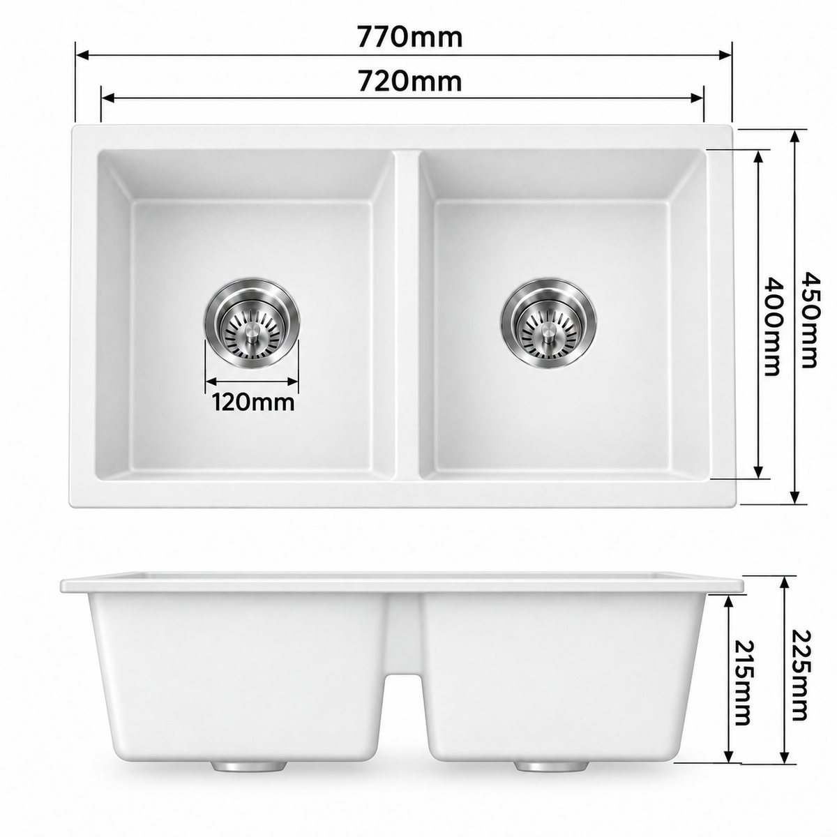 KGWH-7745 white granite double bowl sink dimensions 770 x 450 x 225 mm