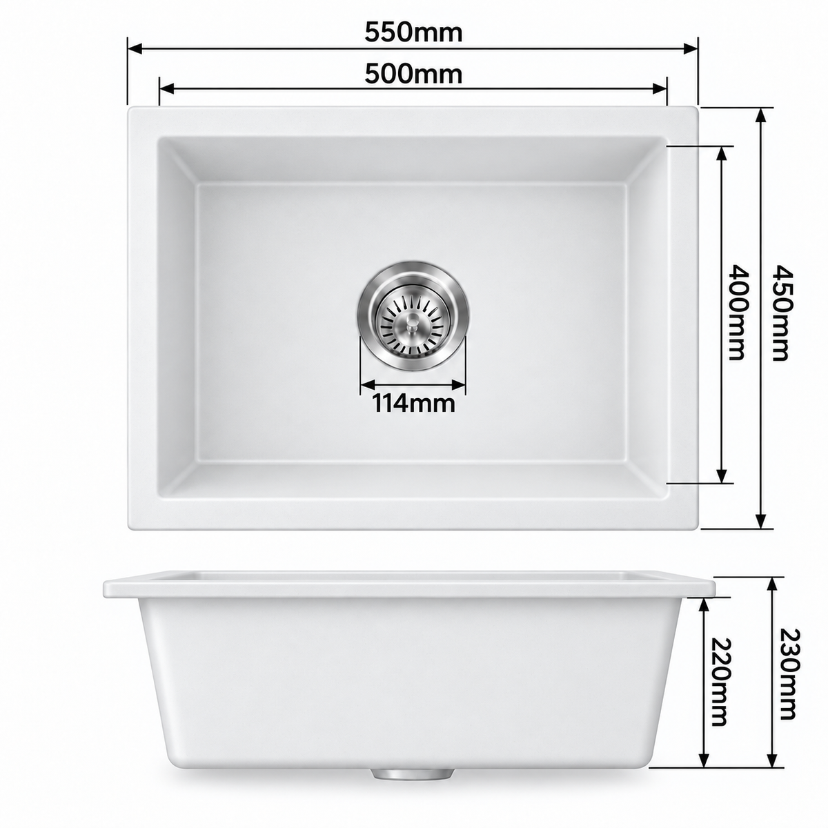 550x450mm Noxwell White Granite Single Bowl Kitchen Sink | KGWH-5545
