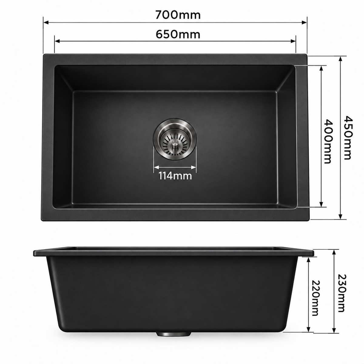 KGBL-7045 black granite sink dimensions 700 x 450 x 230 mm with 650 x 400 mm bowl