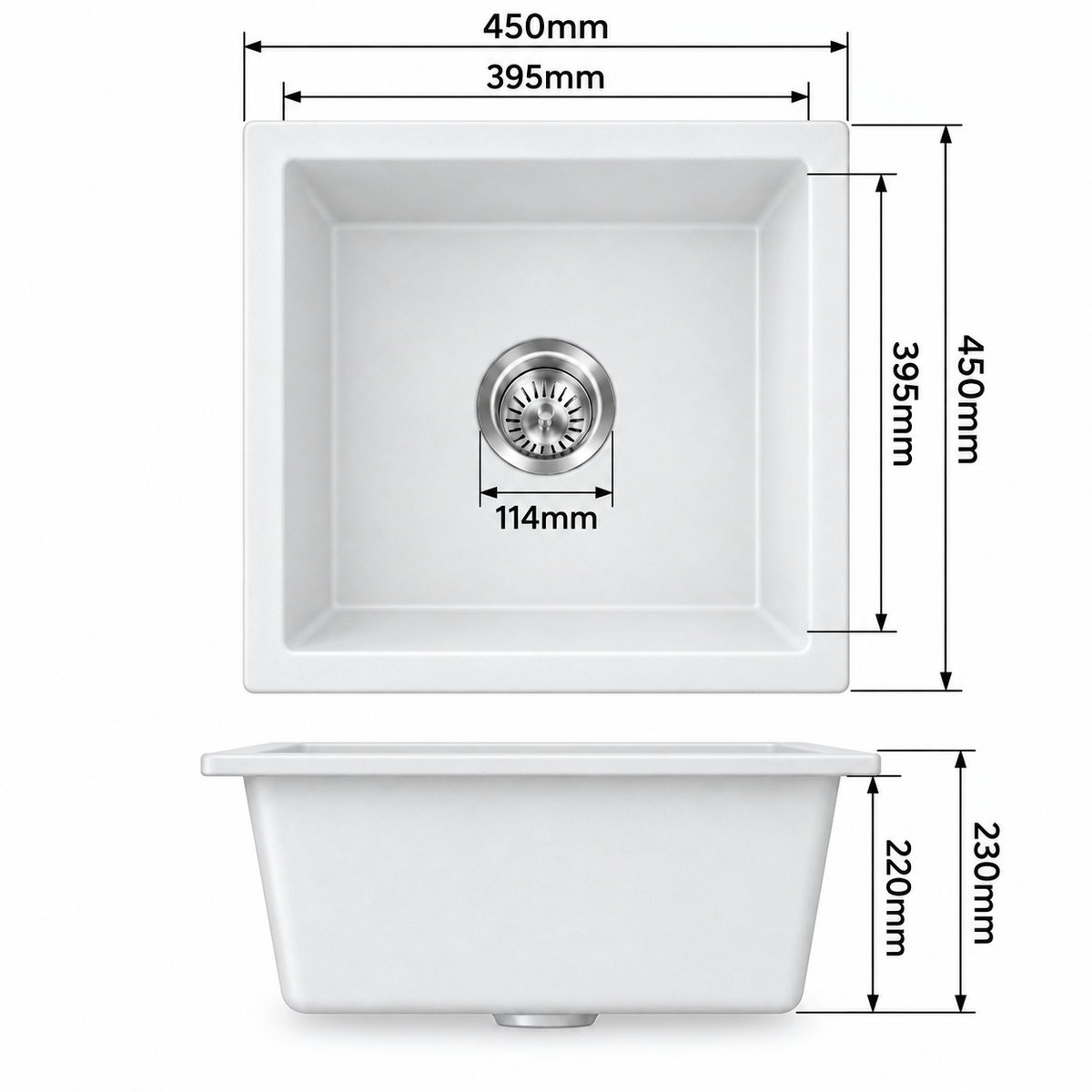 Noxwell KGWH-4545 sink dimensions 450 x 450 x 230 mm with 395 x 395 mm bowl