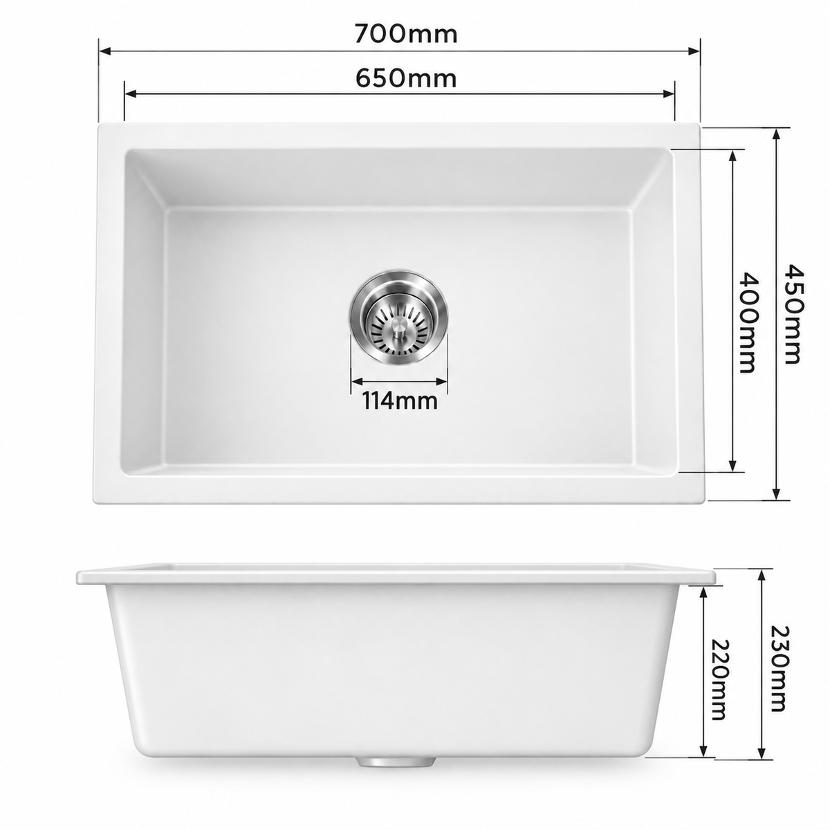 Noxwell KGWH-7045 sink dimensions 700 x 450 x 230 mm with 650 x 400 mm bowl