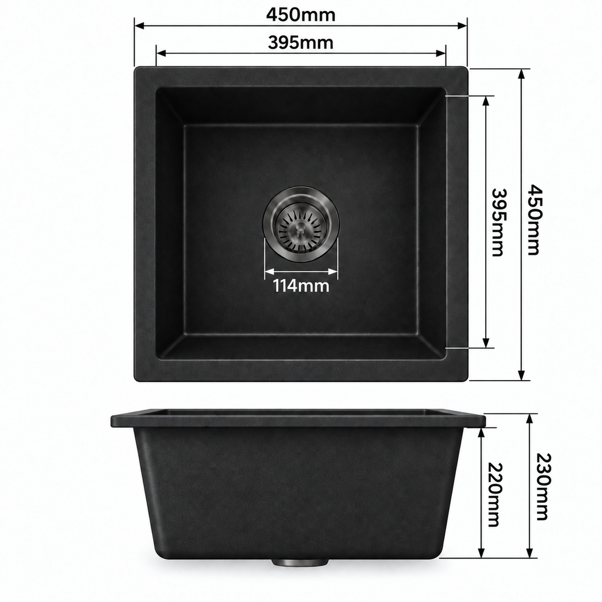 Noxwell KGBL-4545 sink dimensions 450 x 450 x 230 mm with 395 x 395 mm bowl