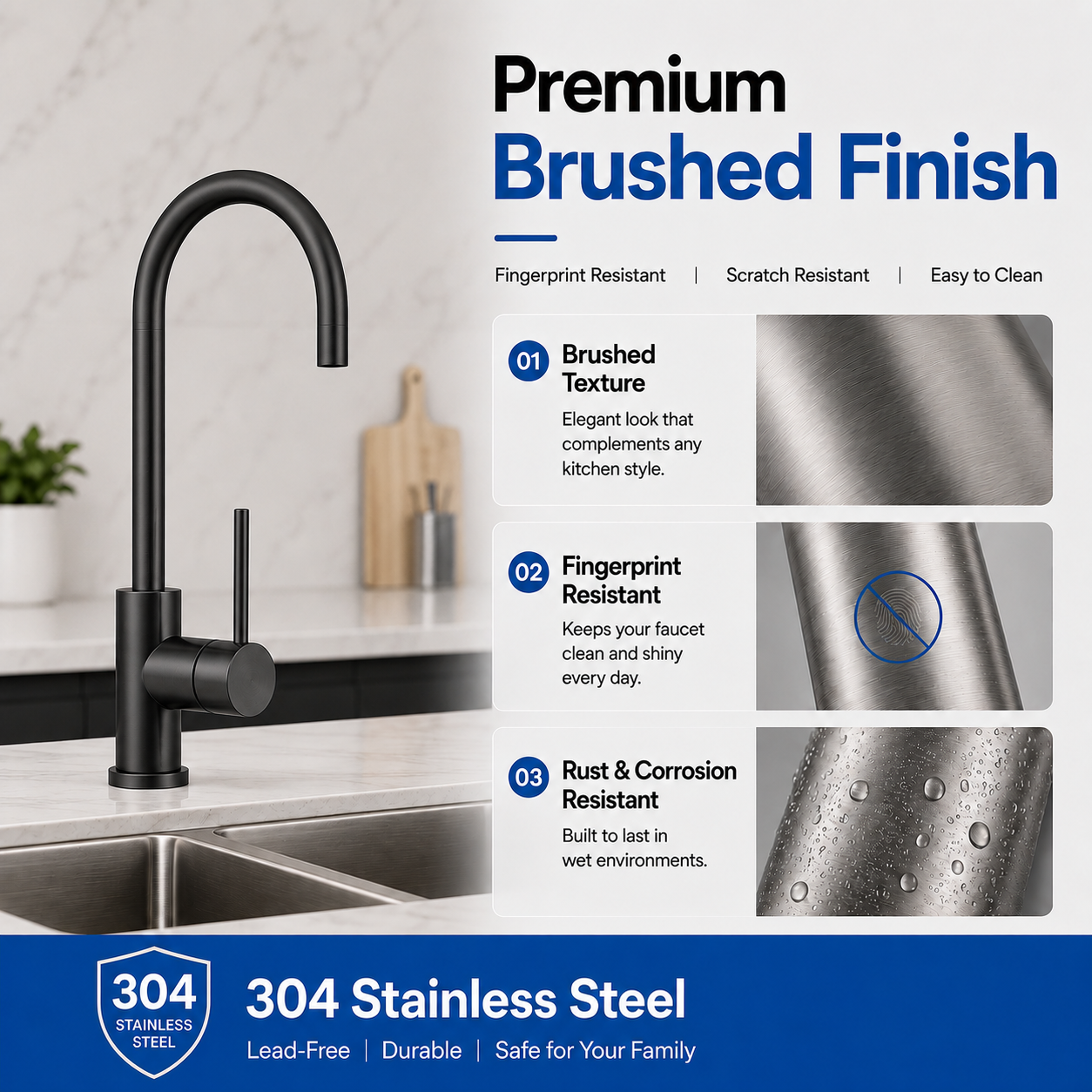 Noxwell KMBL-7470 kitchen mixer tap 304 stainless steel material and gun metal black finish detail