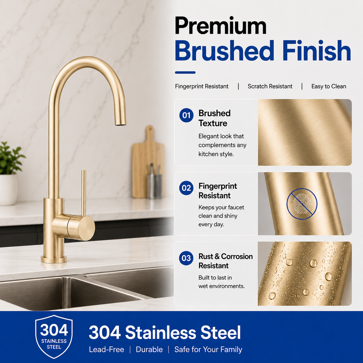 KMGL-7470 brushed gold kitchen mixer tap 304 stainless steel material detail