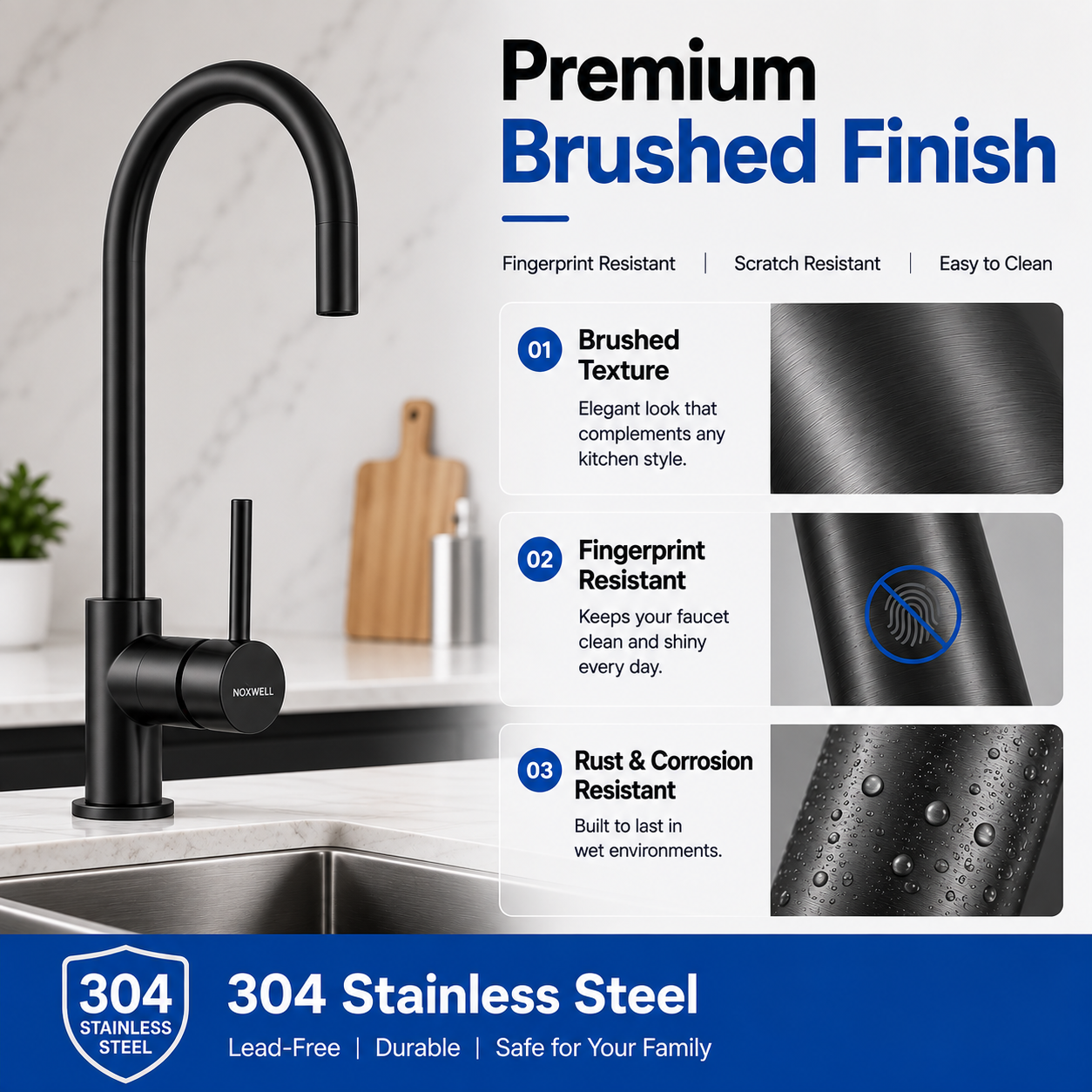 Noxwell KMBL-7471 pull out kitchen mixer tap 304 stainless steel material and gun metal black finish detail