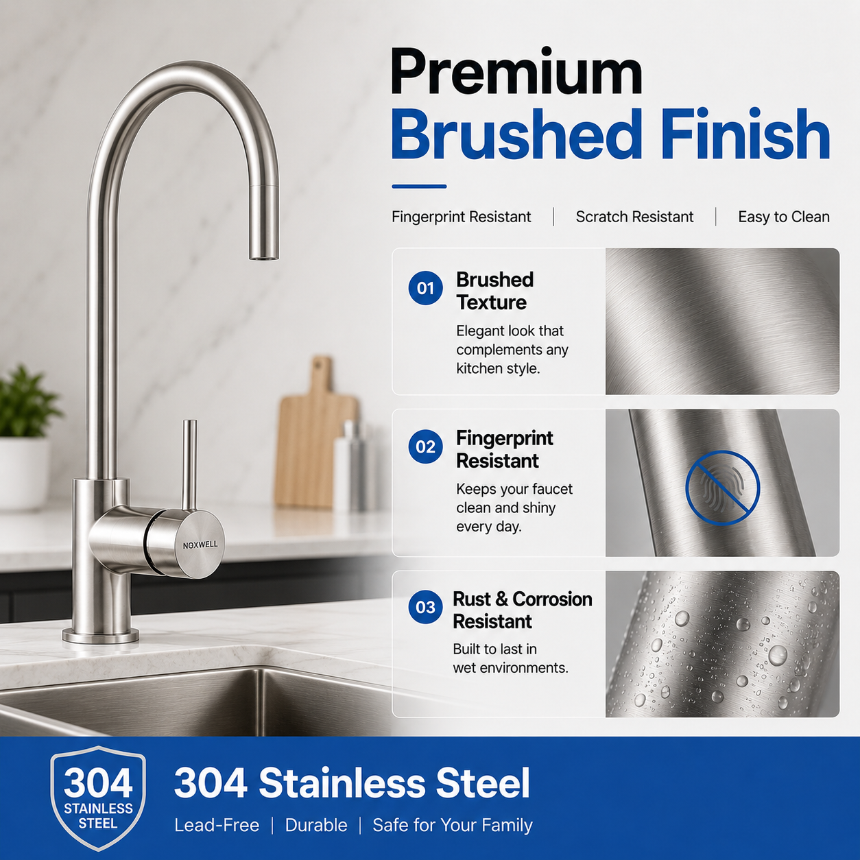 Noxwell Brushed Stainless Steel Pull Out Kitchen Mixer Tap 422mm | KMSV-7471