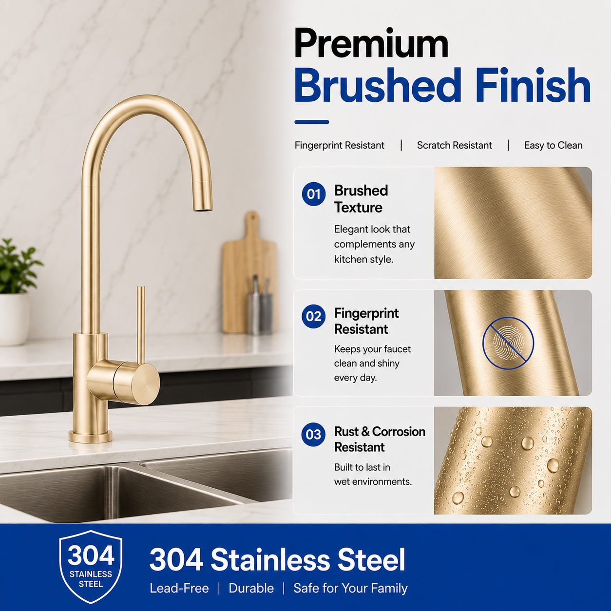 Noxwell Brushed Gold Stainless Steel Pull Out Kitchen Mixer Tap 422mm | KMGL-7471