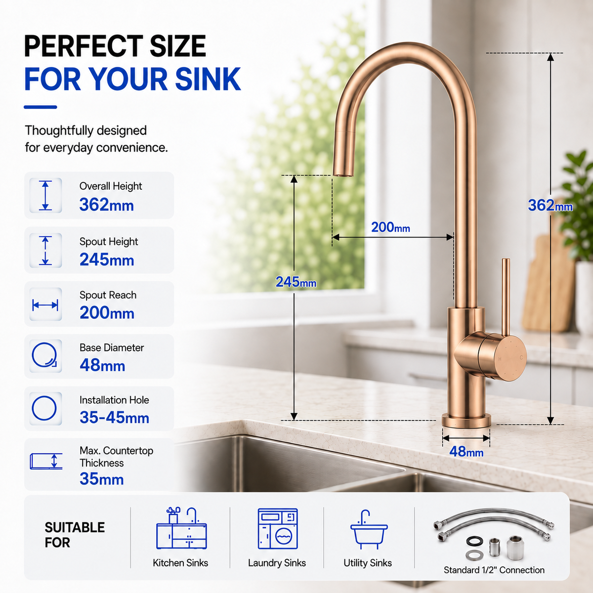 KMRG-7470 kitchen mixer dimensions showing 362mm height and 200mm spout reach