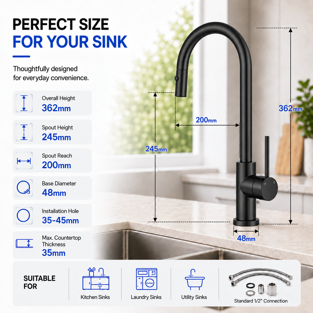 KMMB-7470 kitchen mixer dimensions showing 362mm height and 200mm spout reach