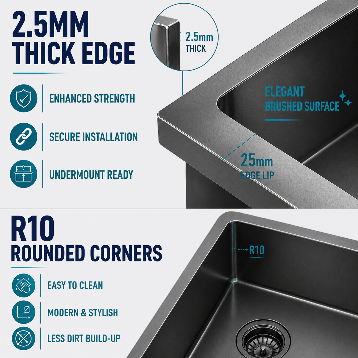 Gunmetal Black Kitchen Sink Double Bowl 770x450mm Noxwell KSBL-7745-D - KSBL-7745-D - 770x450mm