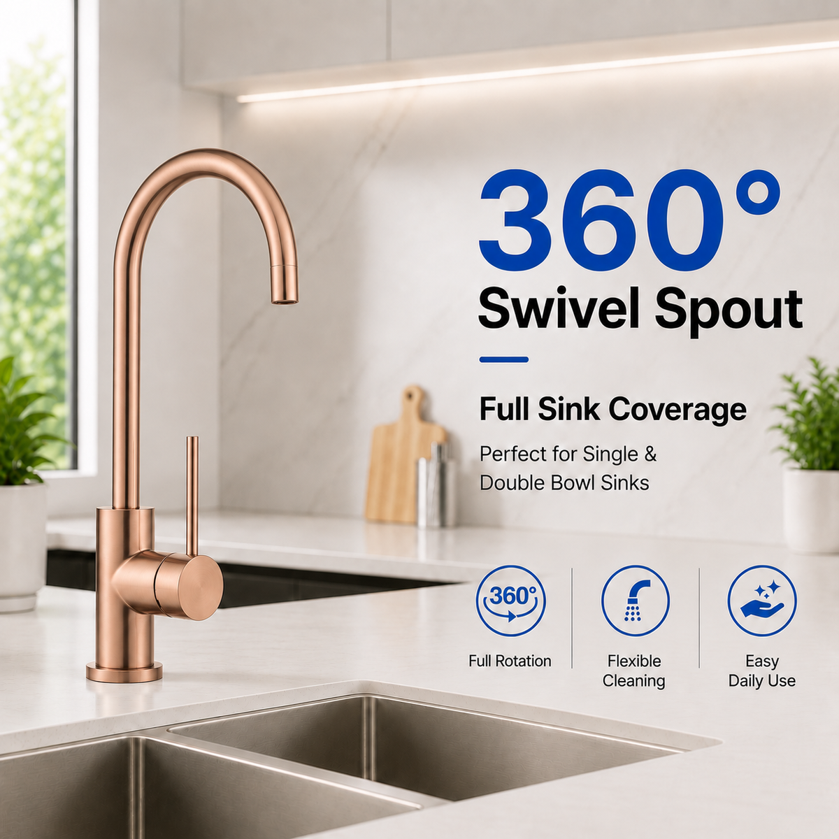 KMRG-7470 rose gold kitchen mixer 360 degree swivel spout and installation dimensions