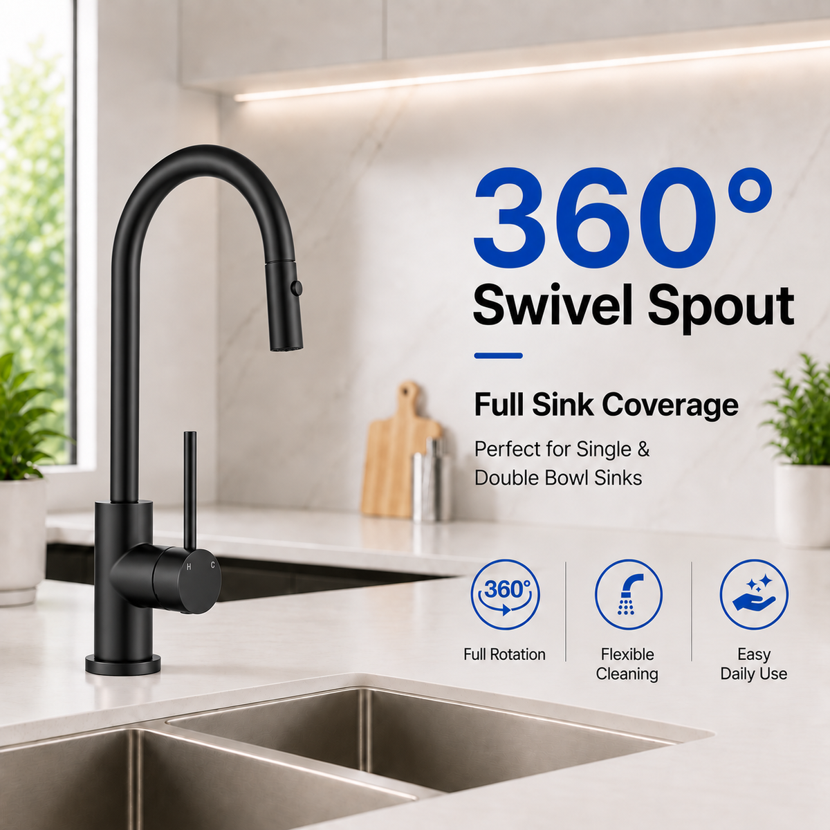 KMMB-7470 matte black kitchen mixer with 360 degree swivel spout