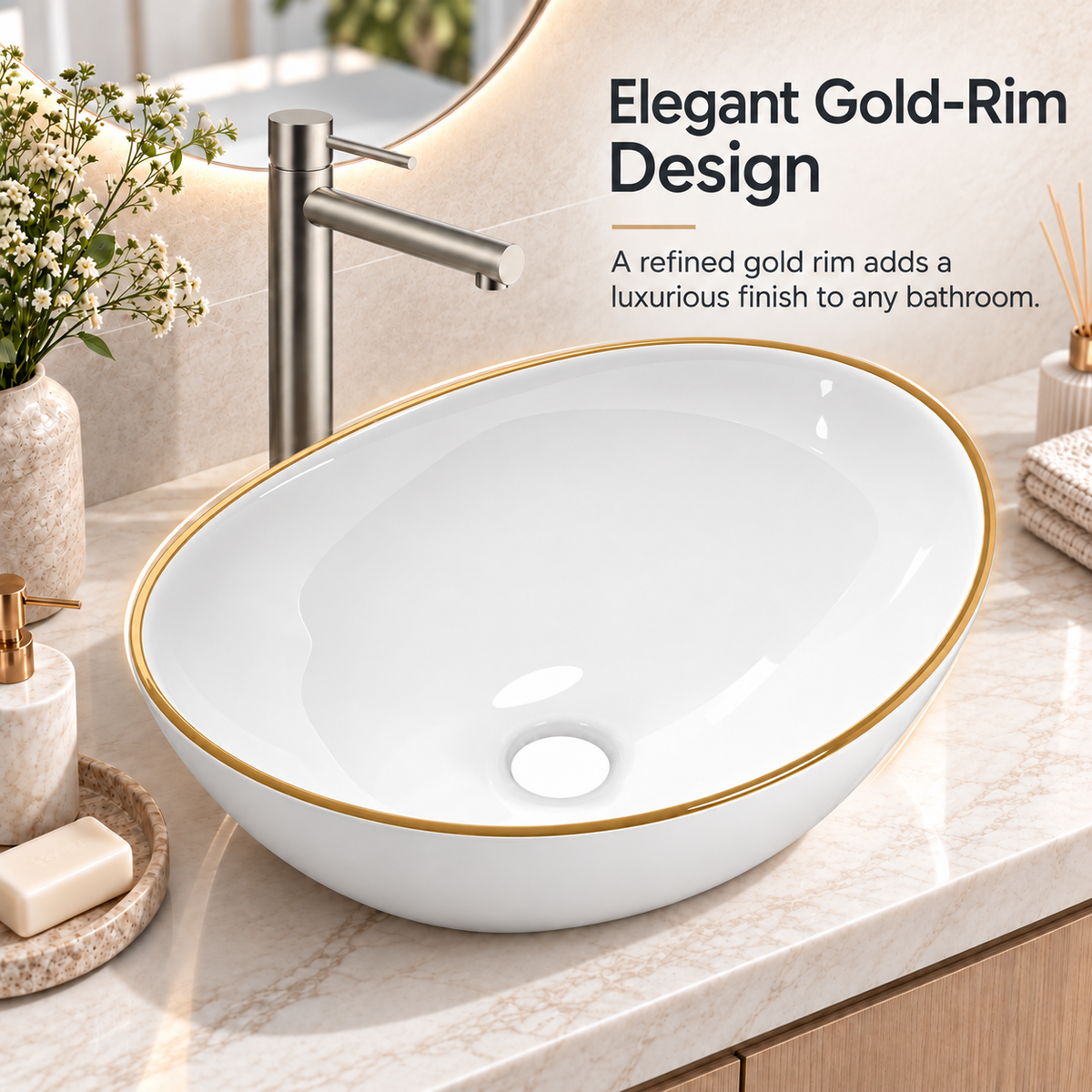 Noxwell AB-4134-G decorative gold rim and curved oval ceramic bowl