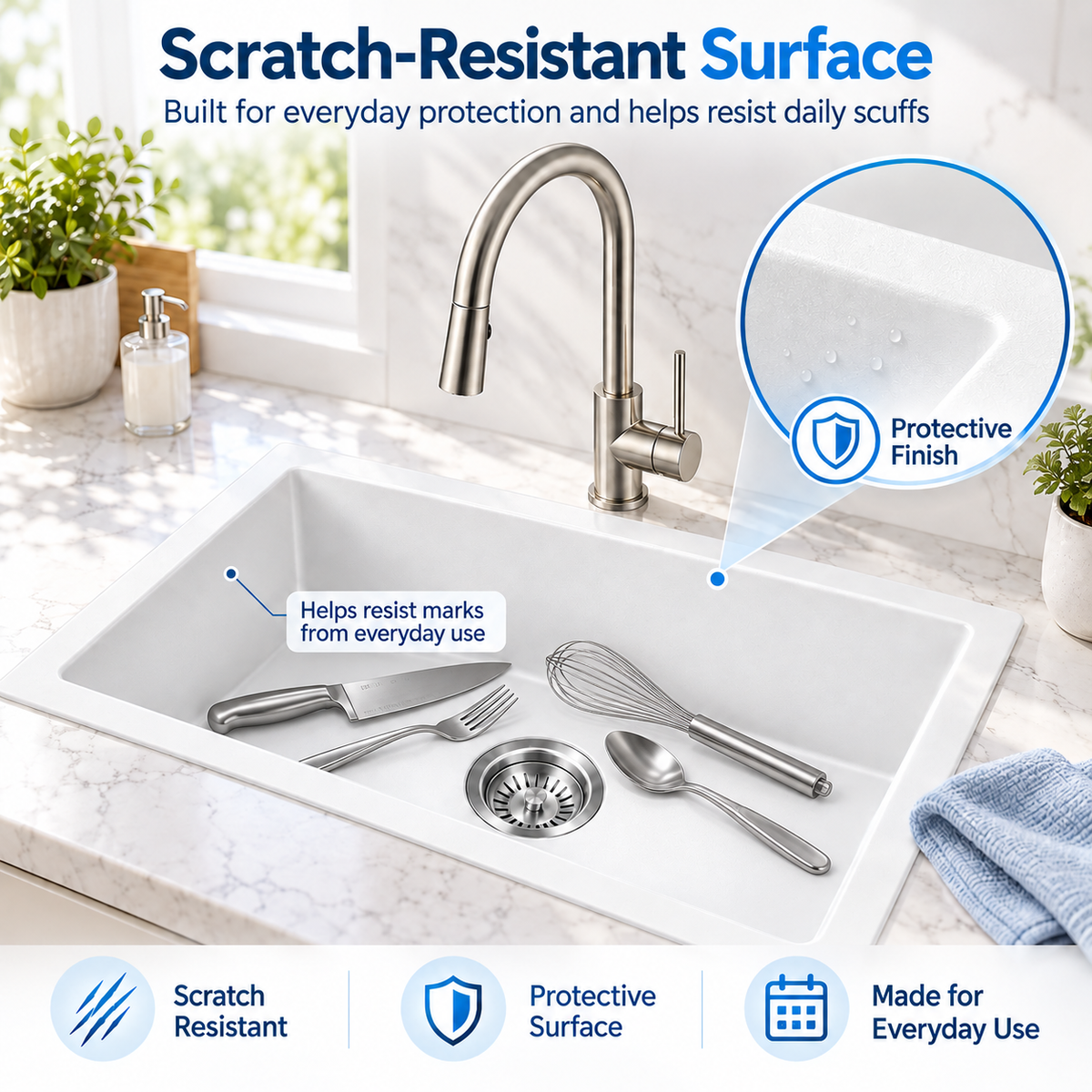 Noxwell KGWH-7045 white granite sink surface and everyday care illustration