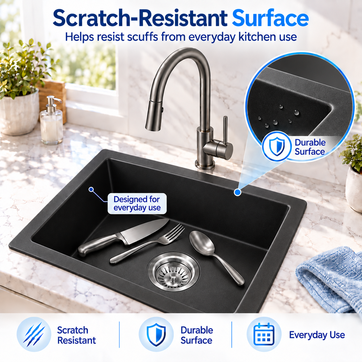 KGBL-5545 matte black granite kitchen sink scratch-resistant surface detail