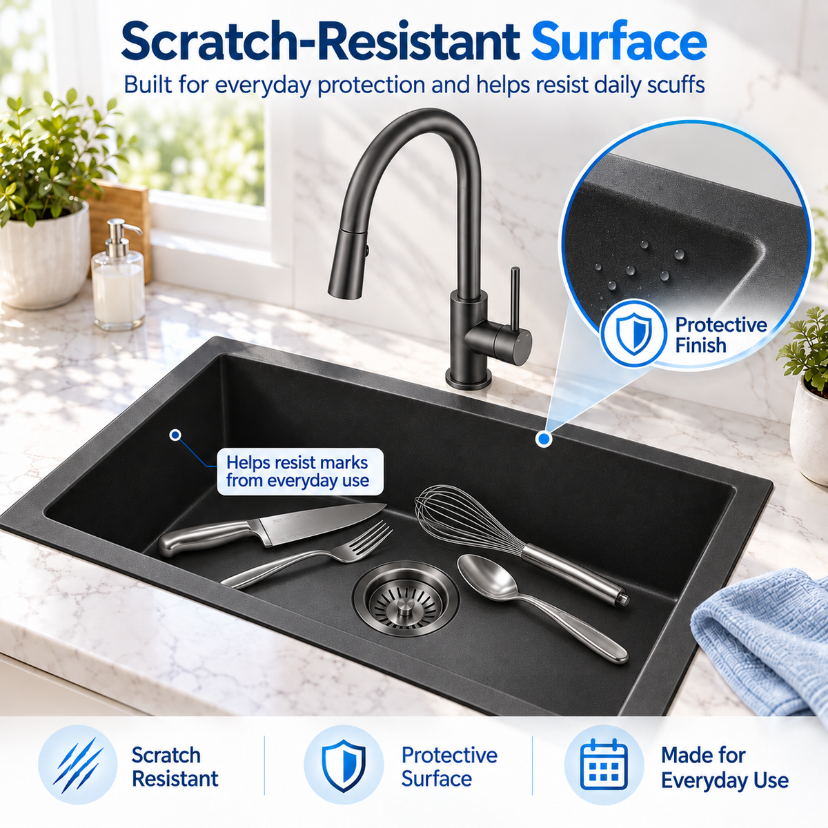 KGBL-7045 matte black granite kitchen sink scratch-resistant surface detail