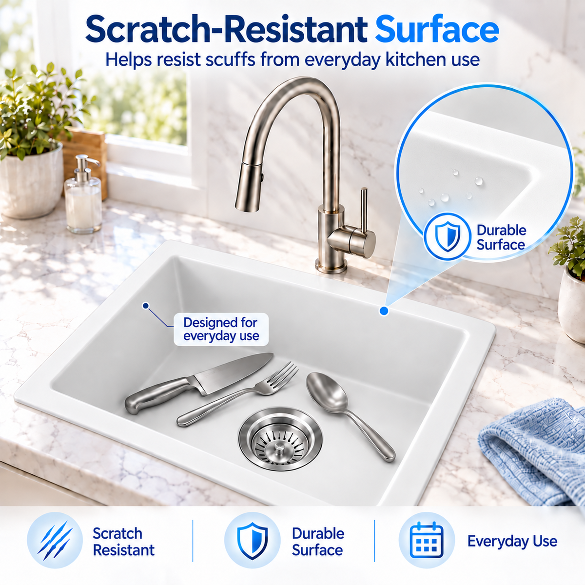 550x450mm Noxwell White Granite Single Bowl Kitchen Sink | KGWH-5545