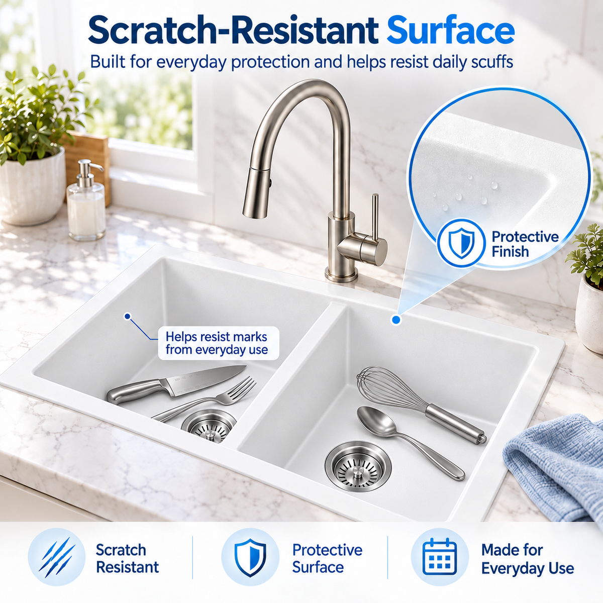 KGWH-7745 white granite double bowl sink scratch-resistant surface feature