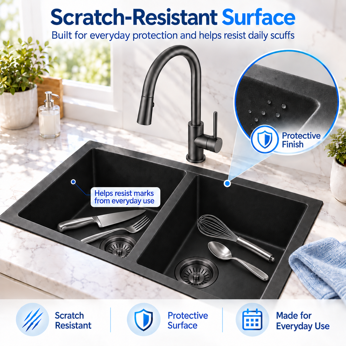 KGBL-7745 matte black granite double bowl sink scratch protection feature