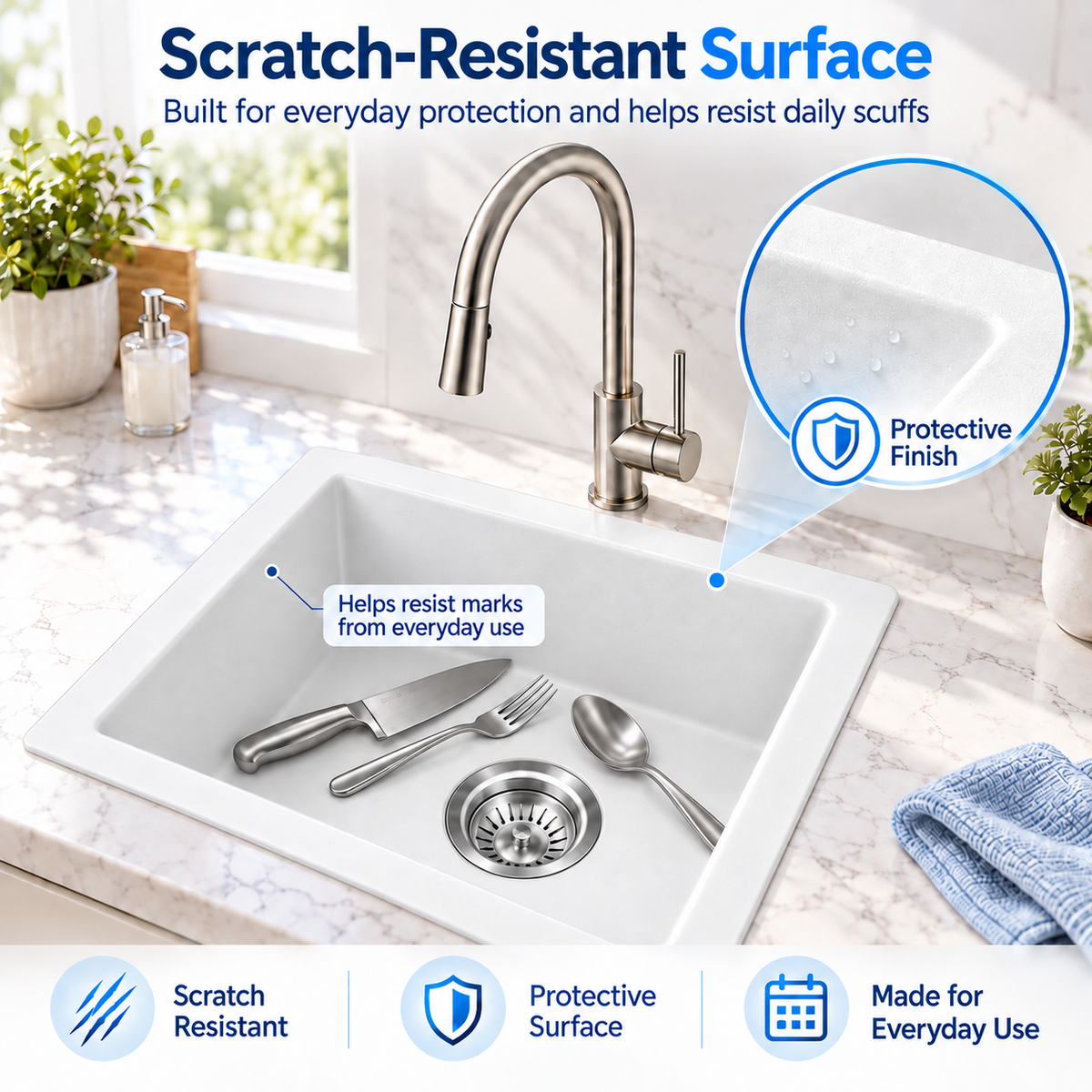 Noxwell KGWH-4545 white granite sink surface and everyday care illustration