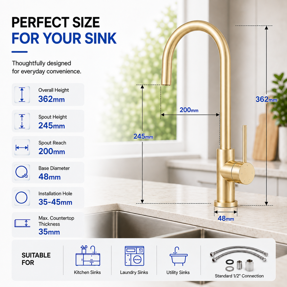 KMGL-7470 brushed gold kitchen mixer tap size diagram showing 362mm height and 200mm spout reach