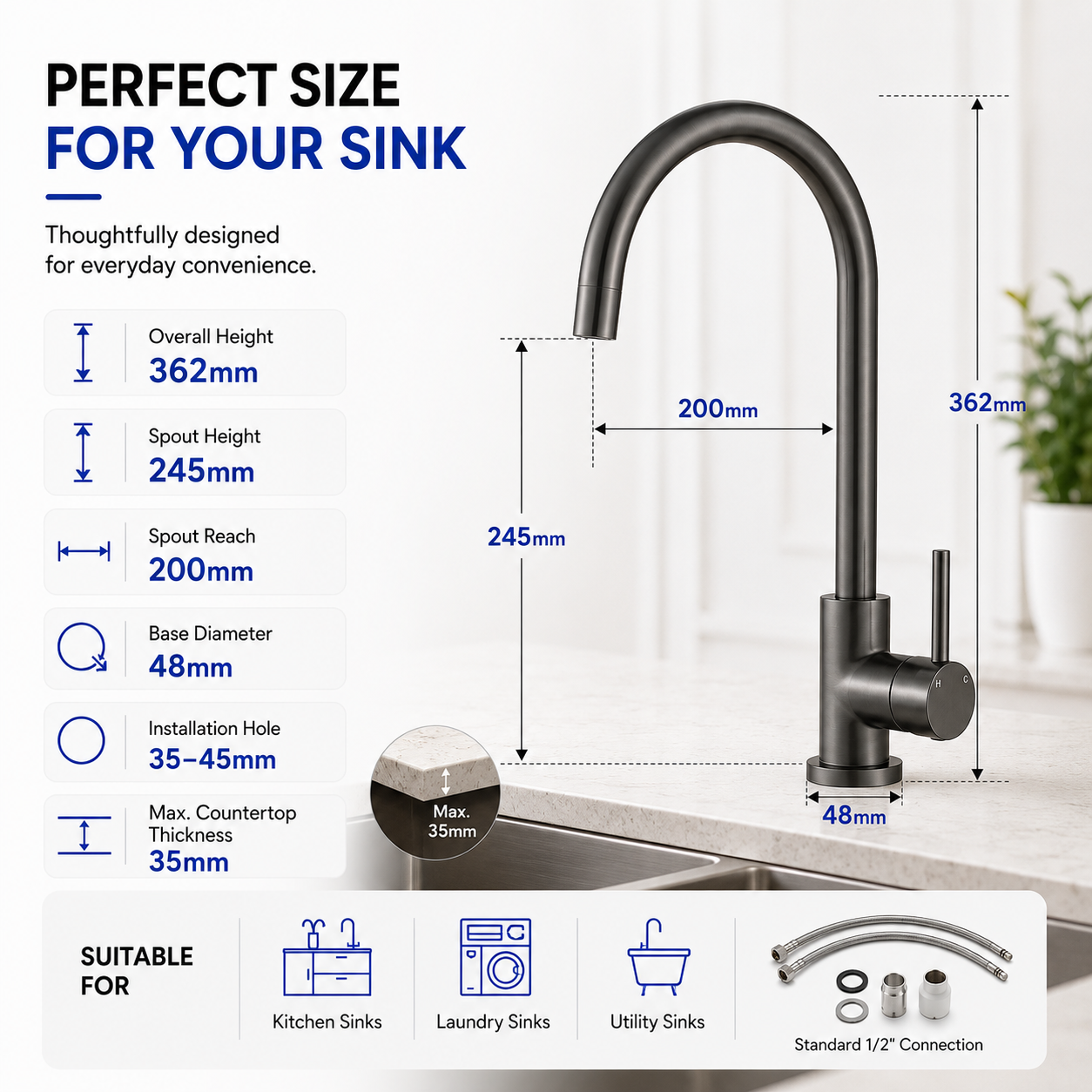 Noxwell Gun Metal Black Stainless Steel Kitchen Tap Mixer 360° Swivel 362mm | KMBL-7470