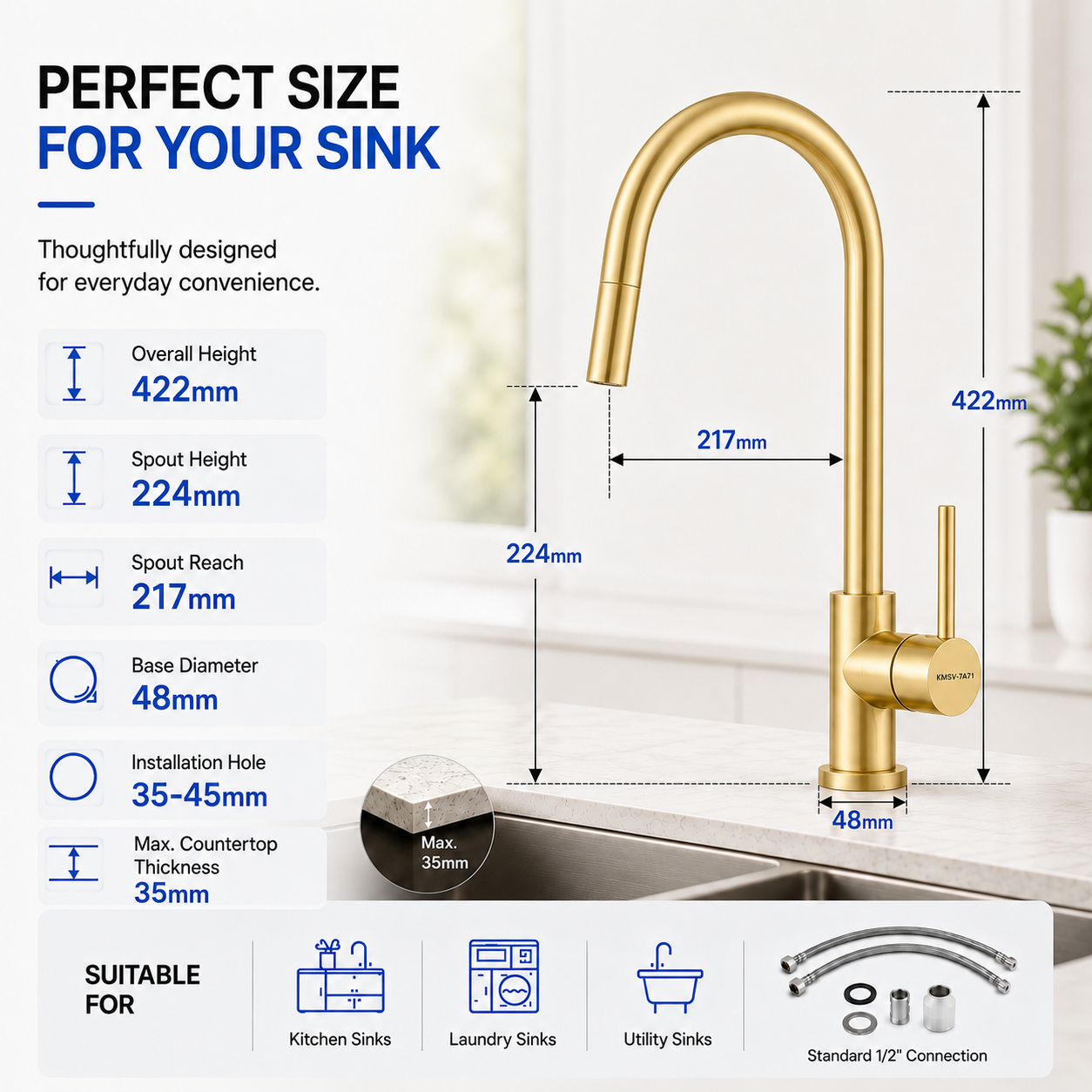Noxwell Brushed Gold Stainless Steel Pull Out Kitchen Mixer Tap 422mm | KMGL-7471