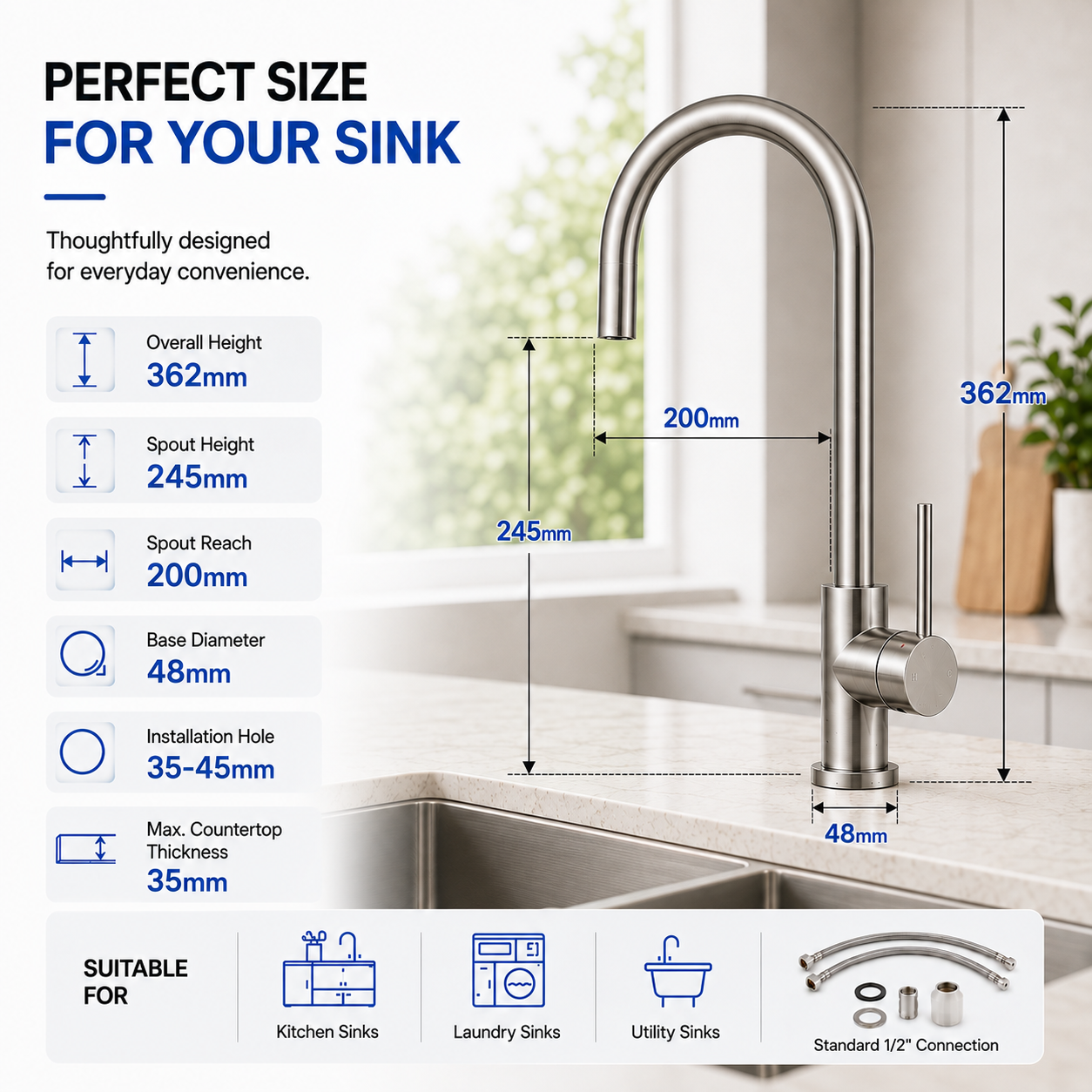 Noxwell Brushed Stainless Steel Kitchen Mixer Tap 360 Degree Swivel | KMSV-7470