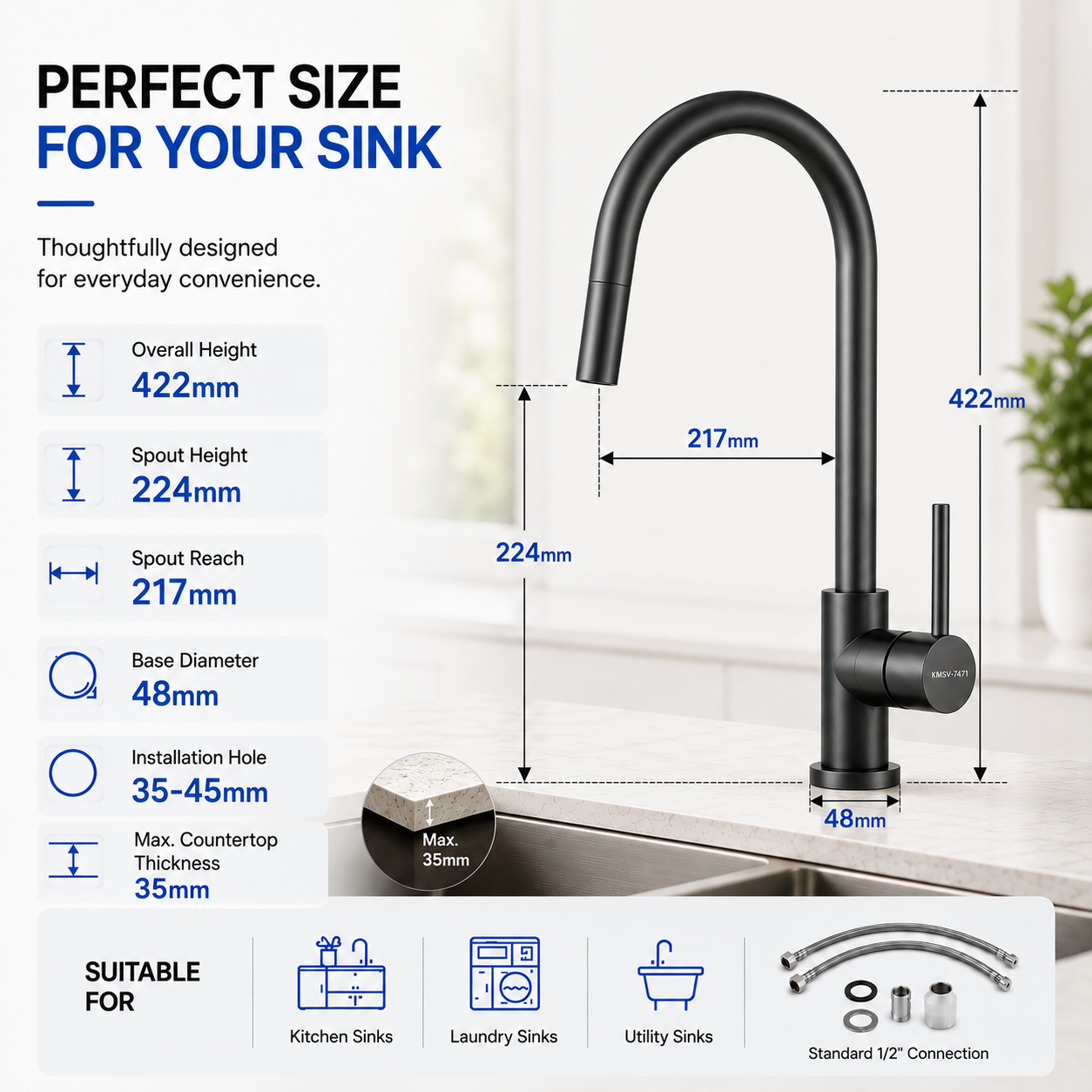 Noxwell Gun Metal Black Pull Out Kitchen Mixer Tap 422mm | KMBL-7471