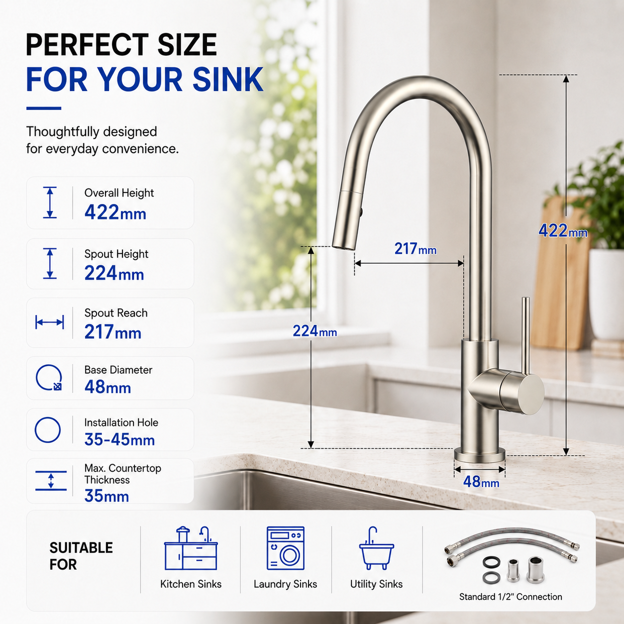 Noxwell Brushed Stainless Steel Pull Out Kitchen Mixer Tap 422mm | KMSV-7471