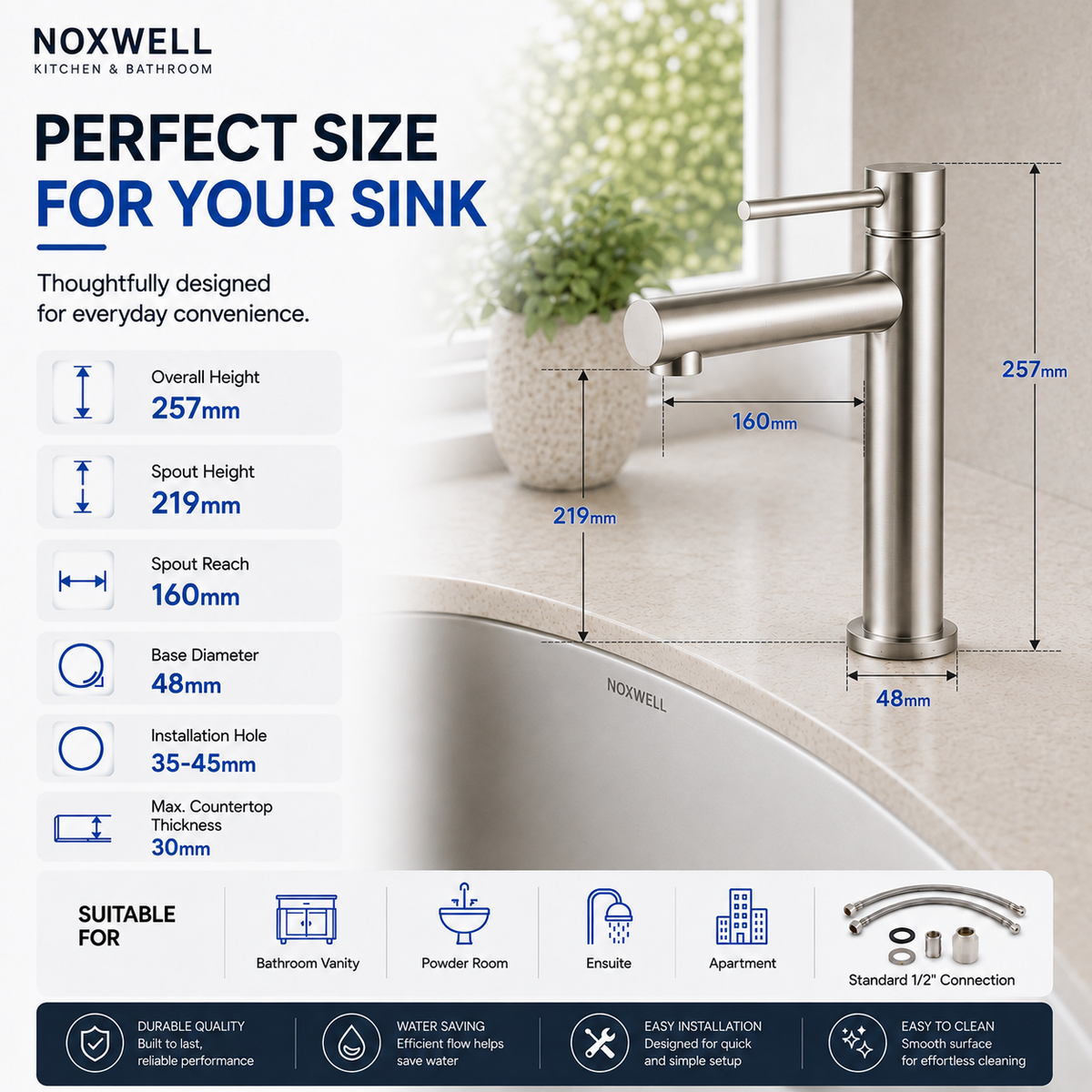 Noxwell BMSV-1471 tall bathroom basin mixer size diagram showing 257mm height, 219mm spout height and 160mm reach