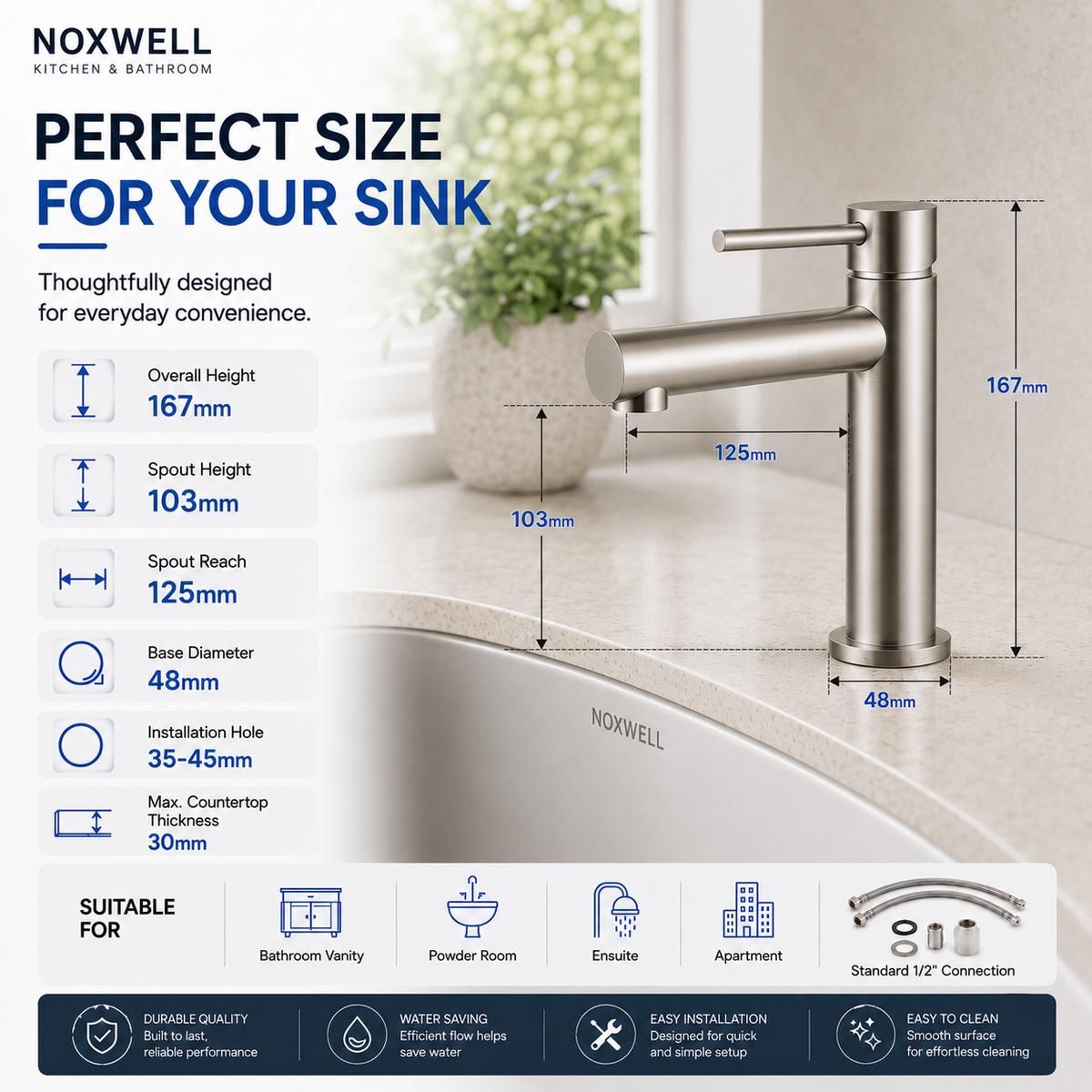 Noxwell BMSV-1470 bathroom basin mixer size diagram showing 167mm height, 103mm spout height and 125mm reach