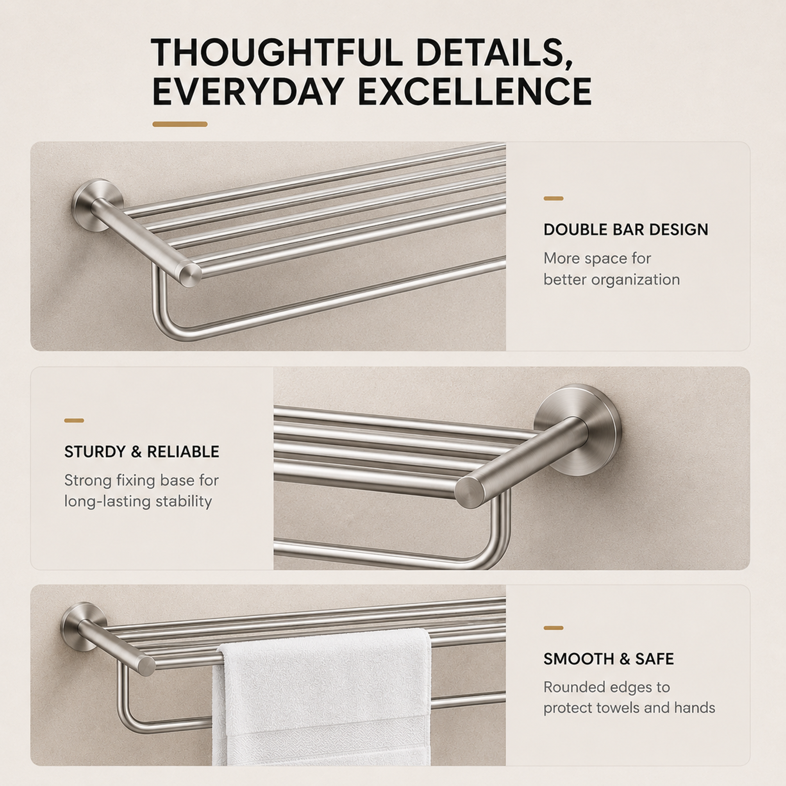 Stainless Steel Towel Rack with Rail 600mm Wall Mounted Noxwell BASV-3010 - Stainless Steel - 600mm - BASV-3010