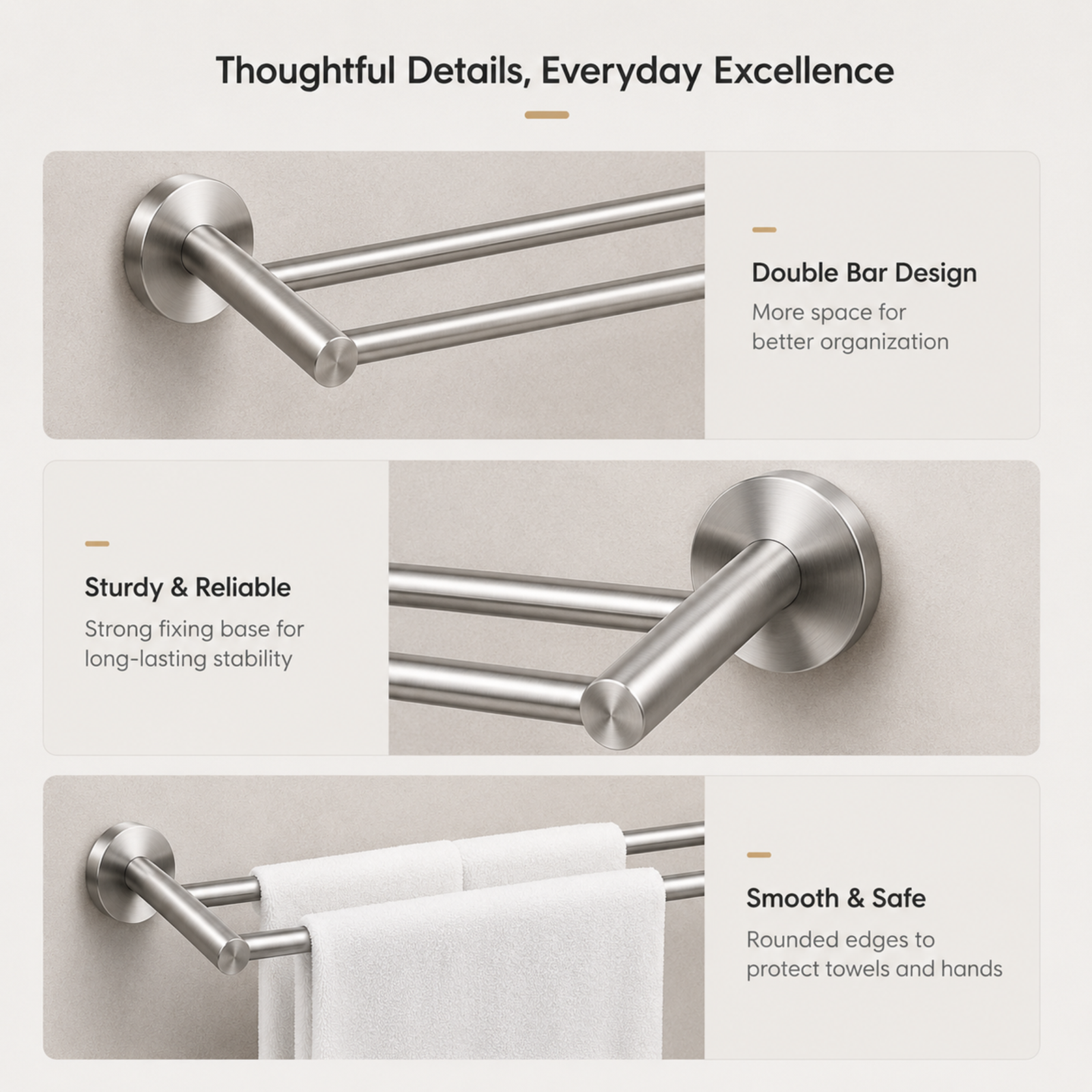 Brushed Stainless Steel Double Towel Rail 600mm Wall Mounted Noxwell BASV-3009 - Stainless Steel - 600mm - BASV-3009