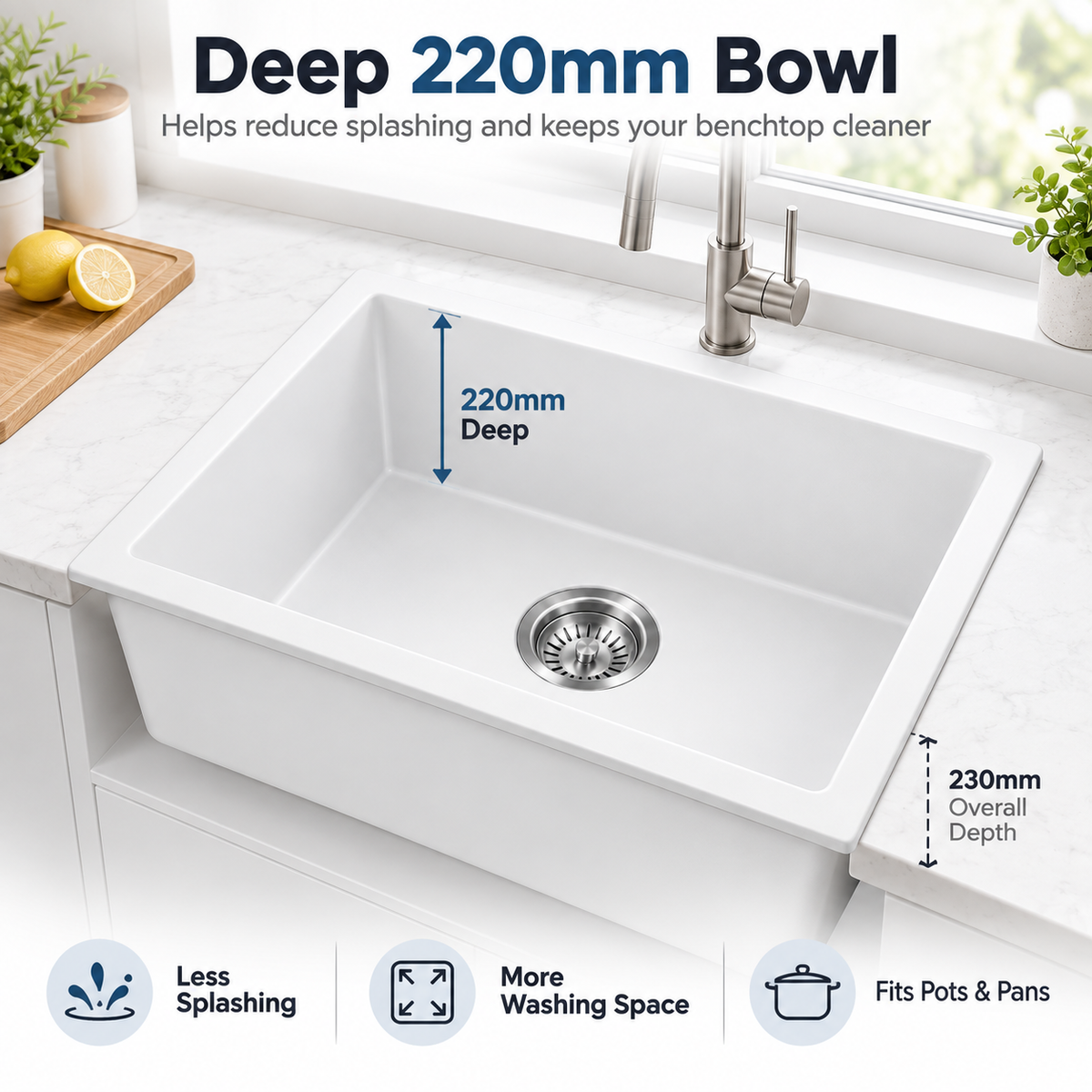 Noxwell KGWH-7045 kitchen sink showing 220 mm bowl depth and 230 mm overall height