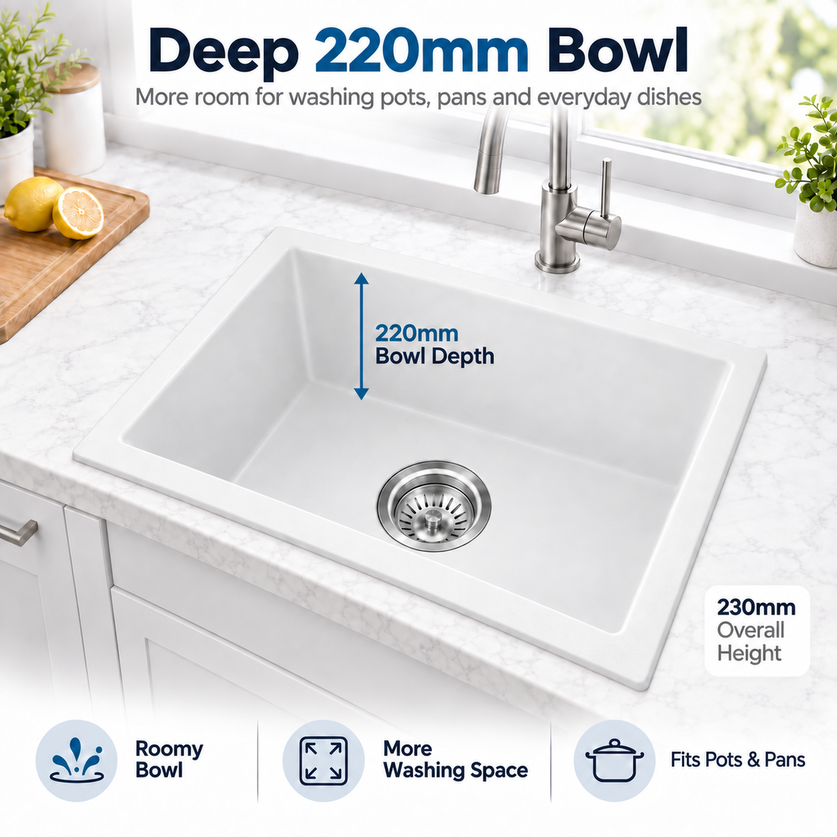 550x450mm Noxwell White Granite Single Bowl Kitchen Sink | KGWH-5545