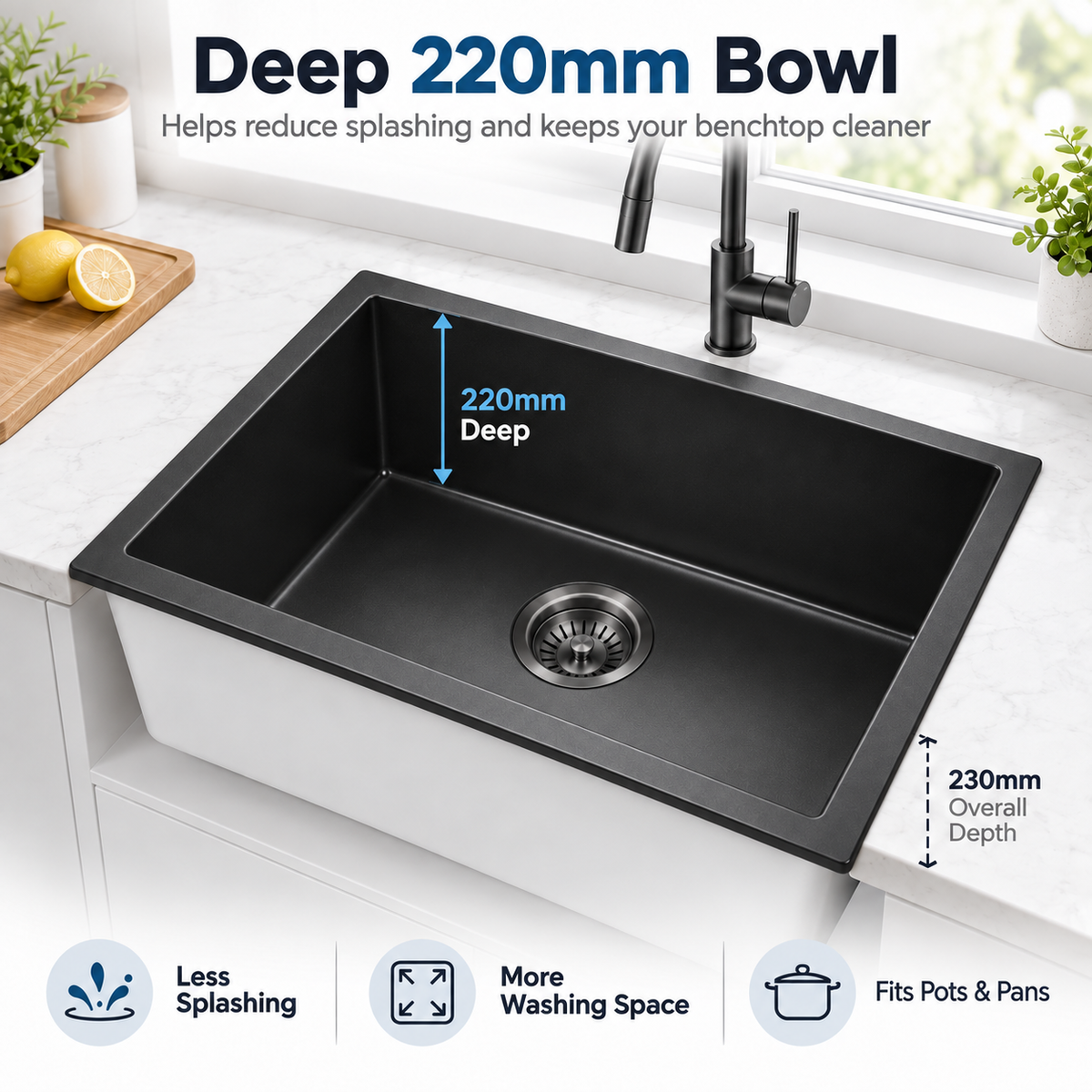 KGBL-7045 black granite sink 220 mm bowl depth and 230 mm overall height