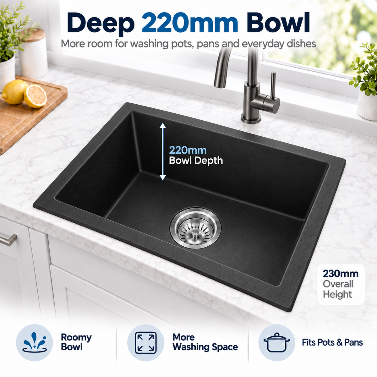 KGBL-5545 black granite sink 220 mm bowl depth and 230 mm overall height
