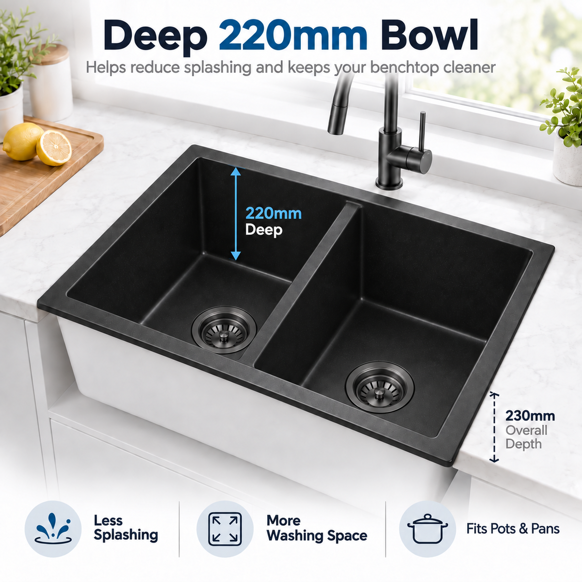 KGBL-7745 black granite double bowl sink with 220 mm-deep bowls