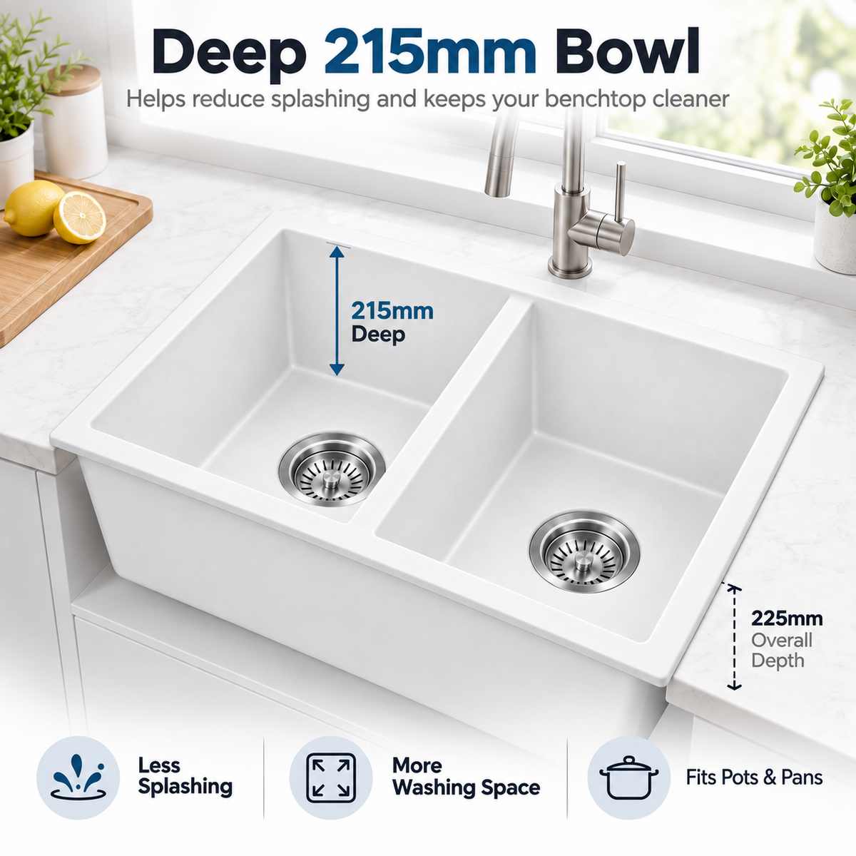 KGWH-7745 white granite double bowl sink showing 215 mm bowl depth