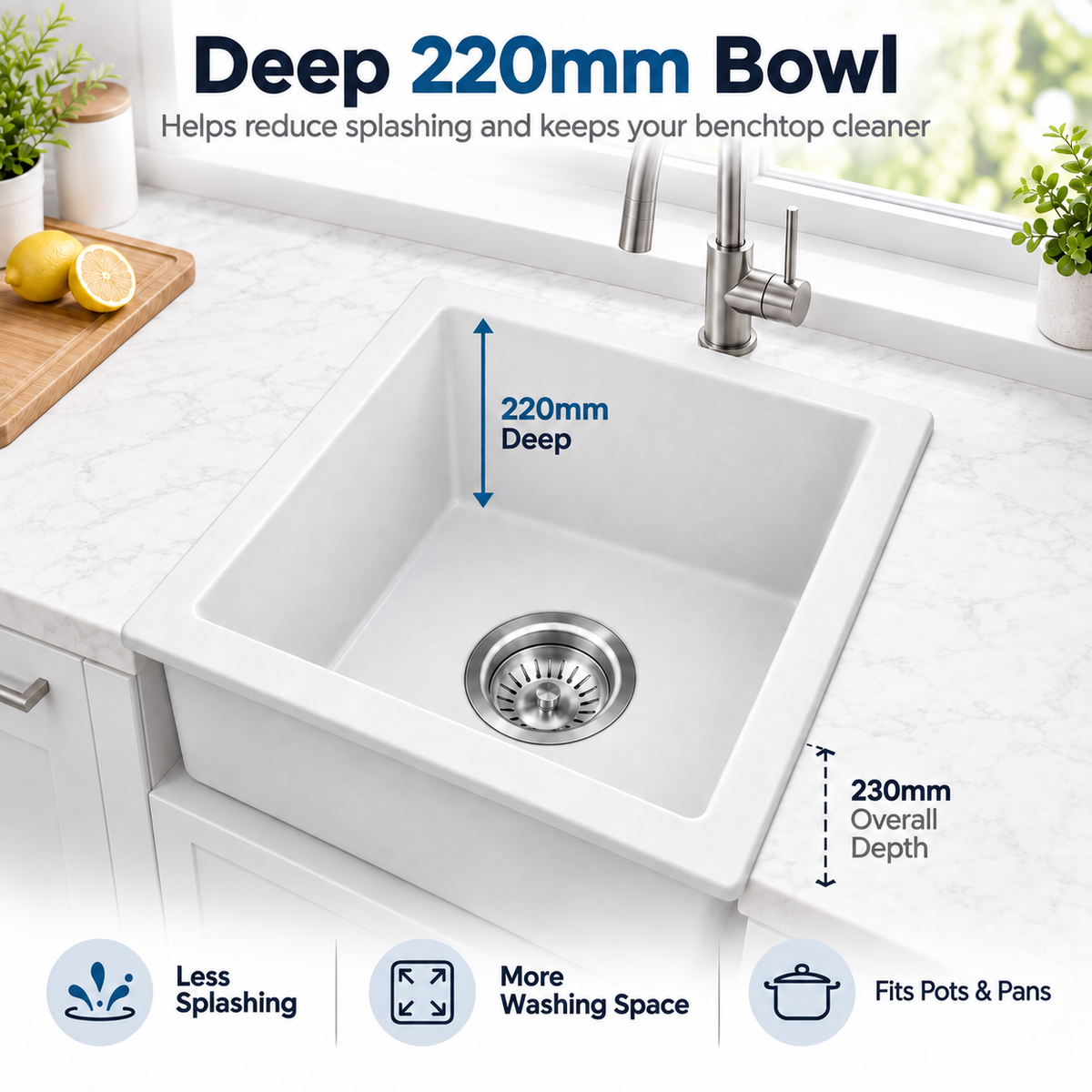 Noxwell KGWH-4545 kitchen sink showing 220 mm bowl depth and 230 mm overall height