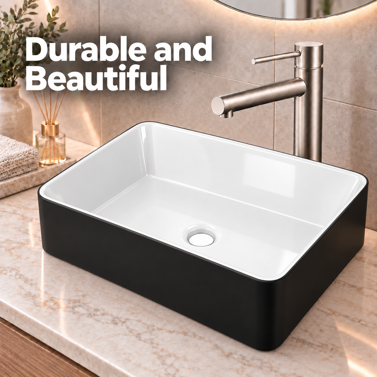 Noxwell AB-4837-B ceramic bathroom basin in black exterior with gloss white interior