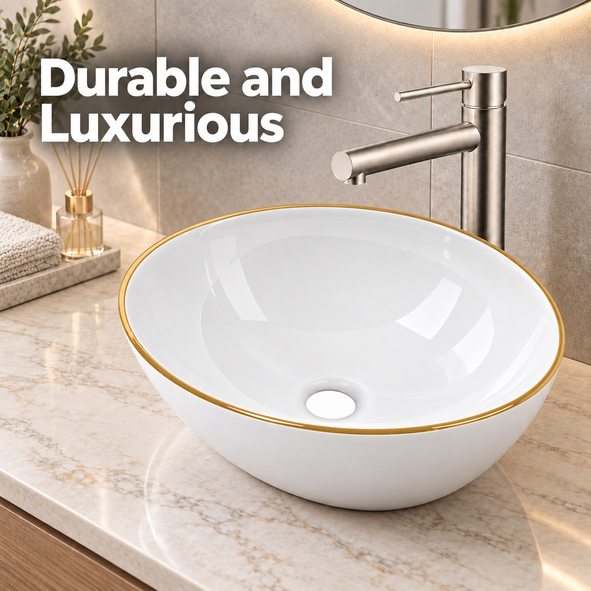 Noxwell AB-4134-G gloss white gold-rim ceramic basin paired with a tall mixer