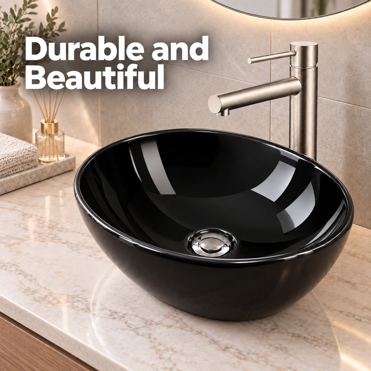 Noxwell AB-4134-B durable gloss black ceramic countertop basin