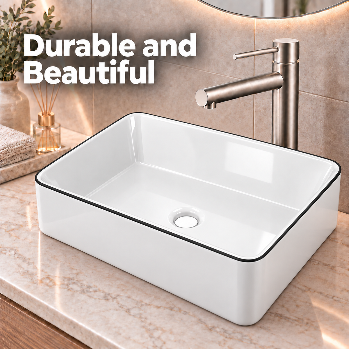 Noxwell AB-4837 ceramic bathroom basin in gloss white with black rim