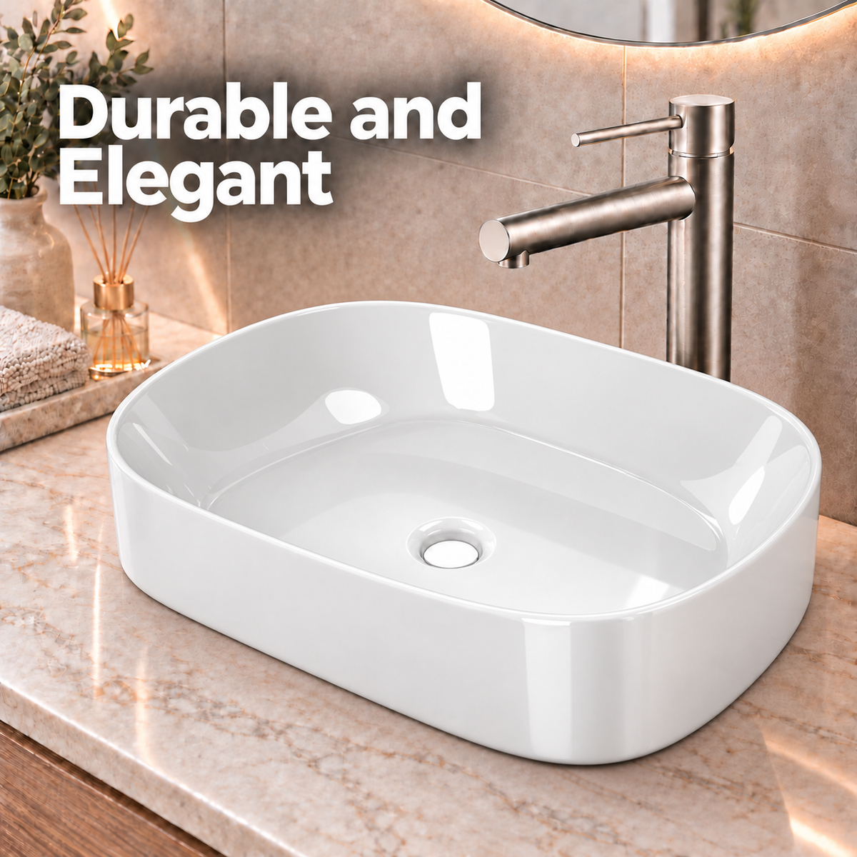 Noxwell AB-5231 gloss white ceramic basin with tall bathroom mixer