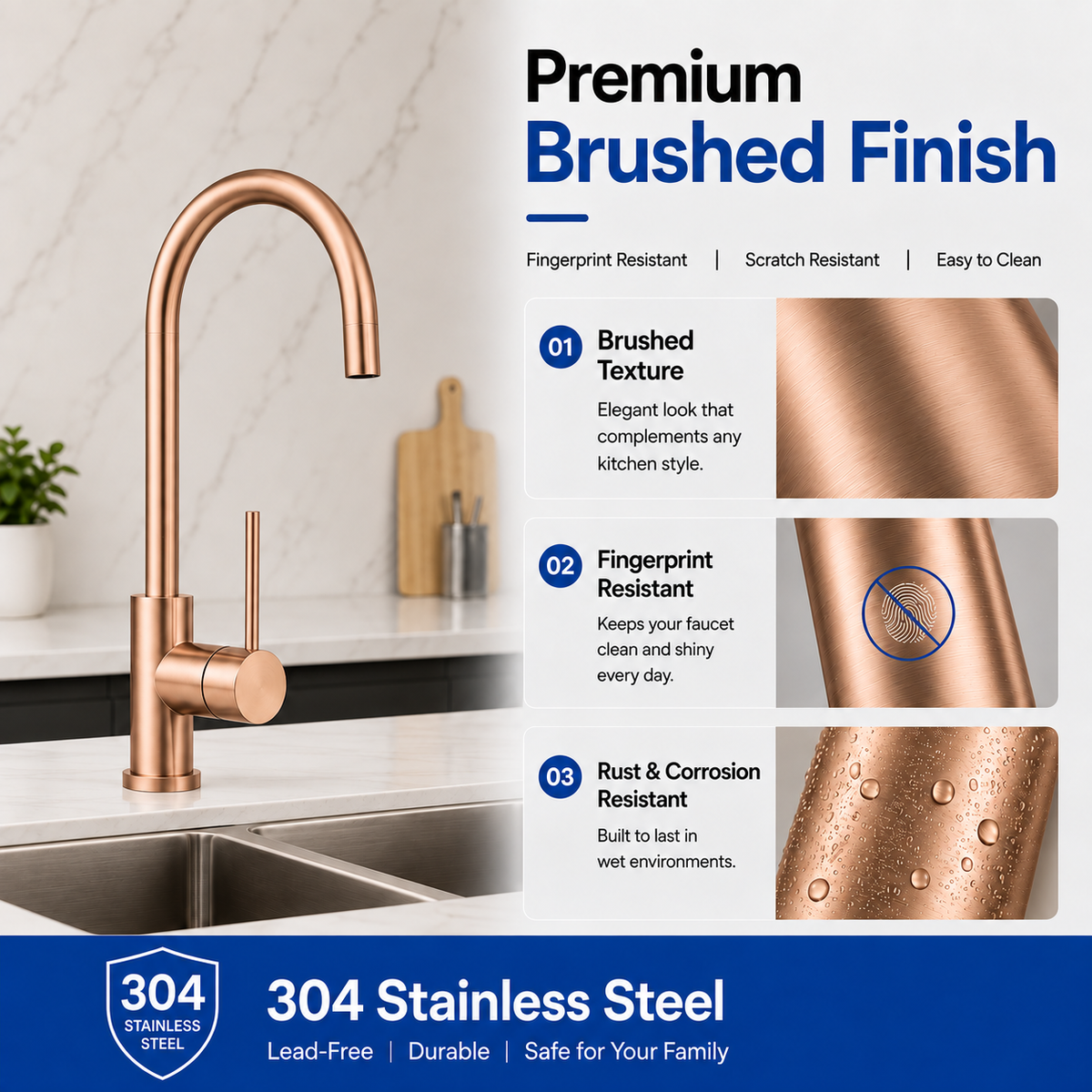 KMRG-7470 304 stainless steel brushed rose gold material and finish features