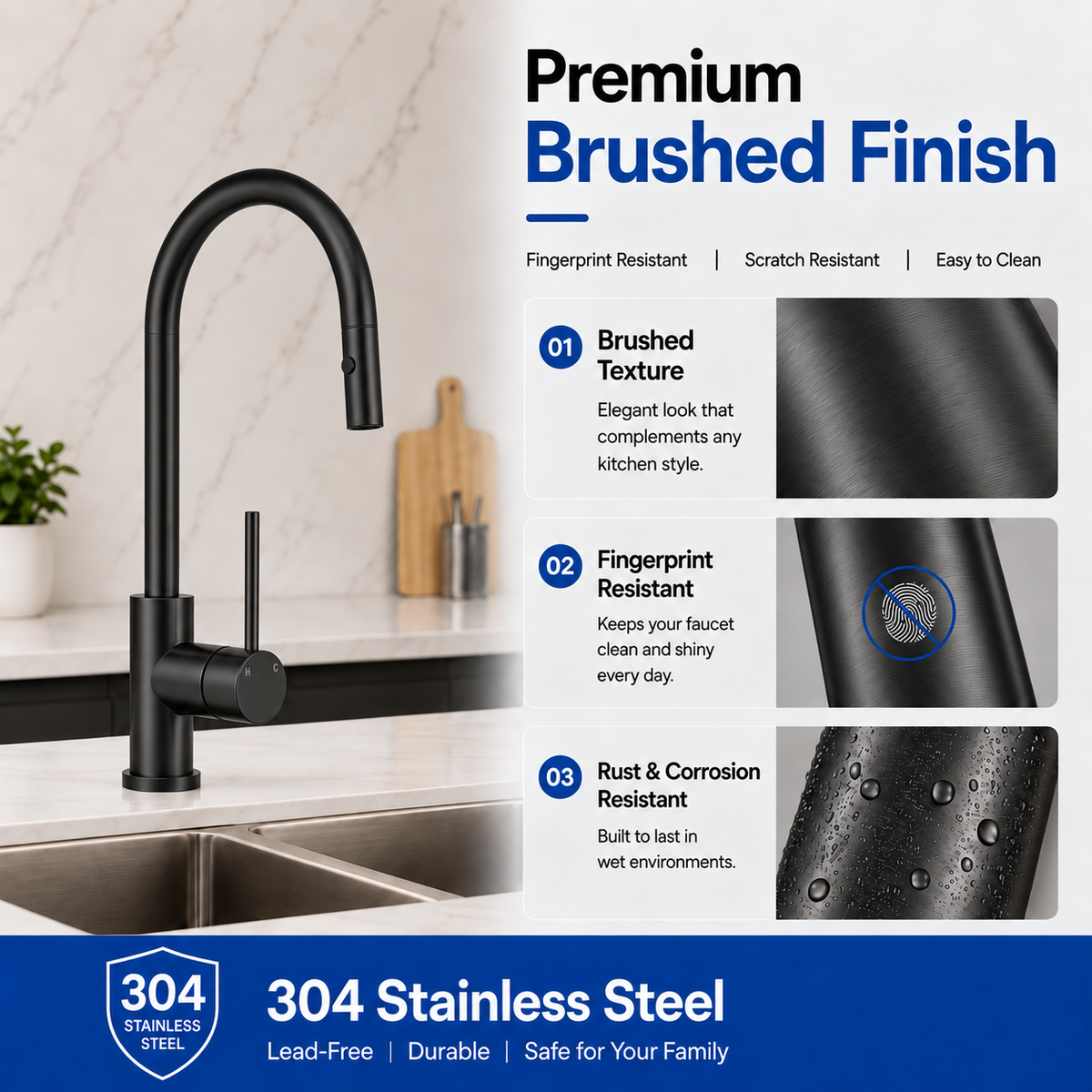 KMMB-7470 304 stainless steel matte black brushed finish features