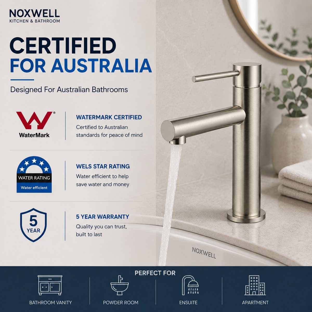 Noxwell BMSV-1471 WaterMark and WELS approved tall bathroom basin mixer feature image