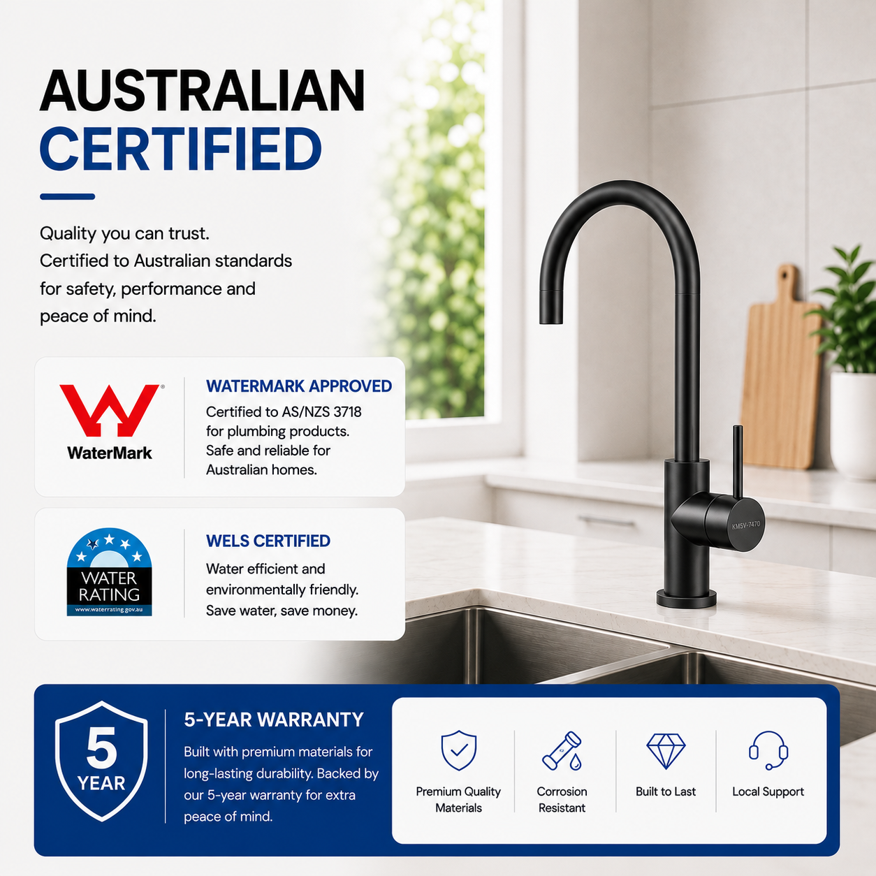 Noxwell KMBL-7470 gun metal black kitchen mixer tap WaterMark and WELS approved certification image
